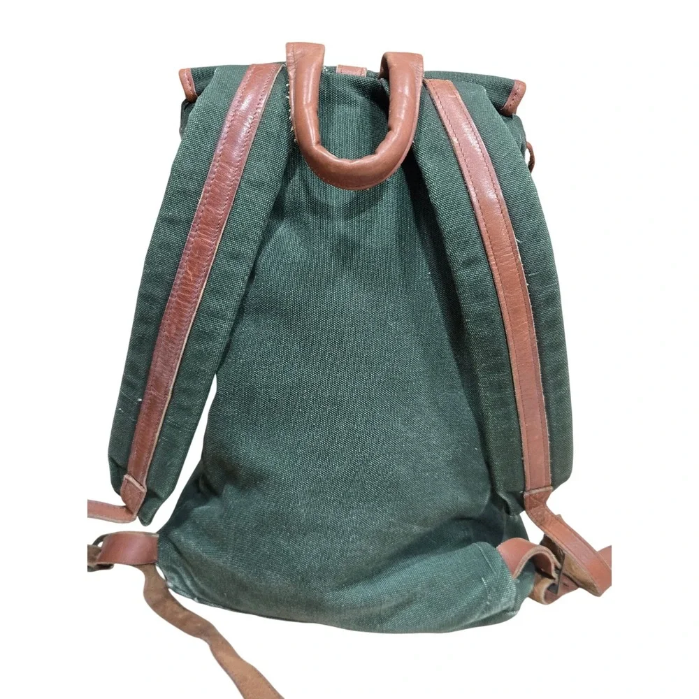 Vintage Green Canvas Leather Rucksack Backpack‎ Cowhide Trim